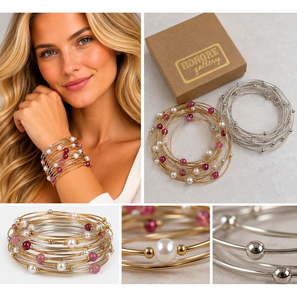 Honore Gallery Bracelet Set Gold Silver Pink Pearl Beaded Stackable Bangles CT